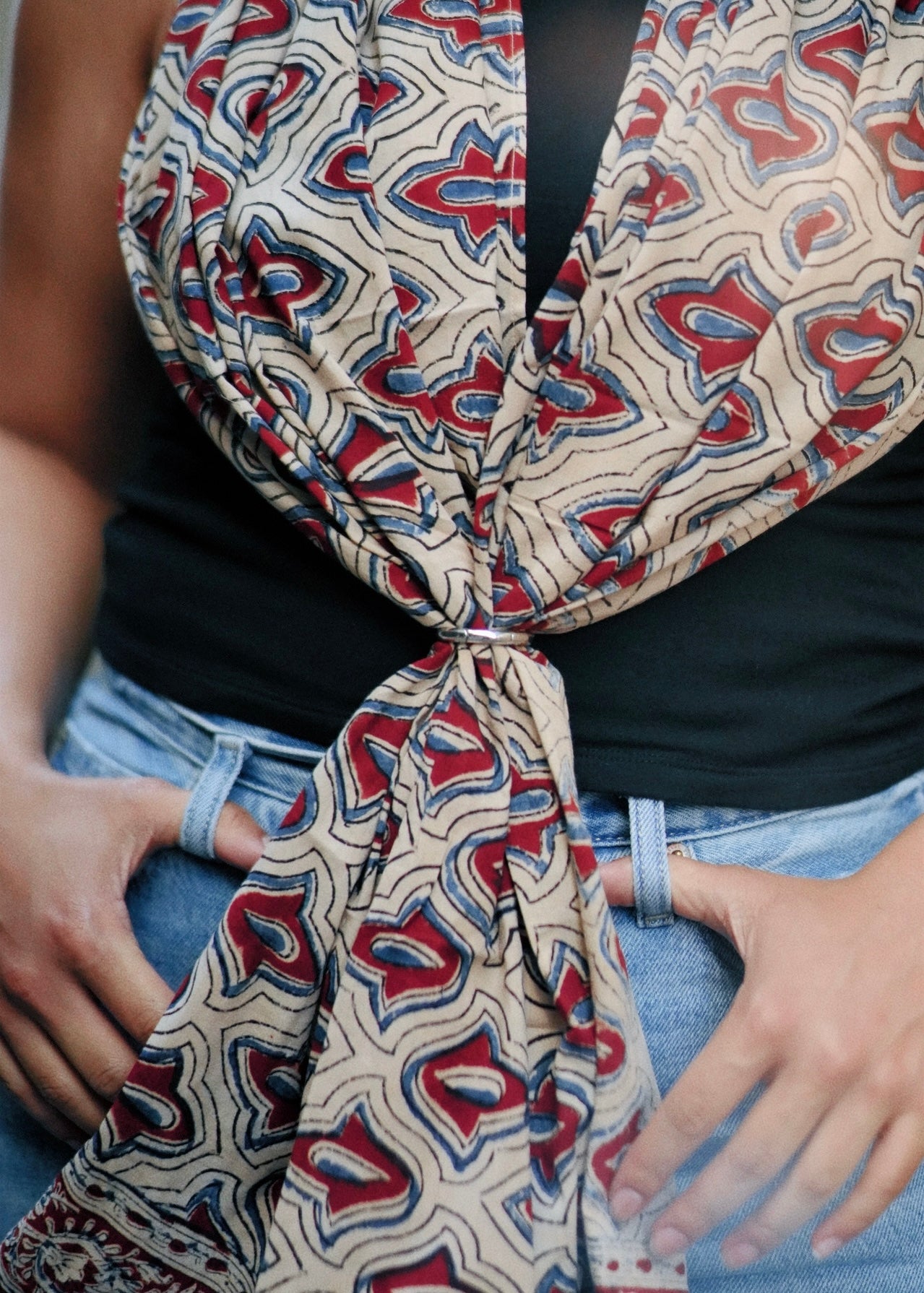 Crimson Hamsa - Hand Block Printed Scarf (600-041)