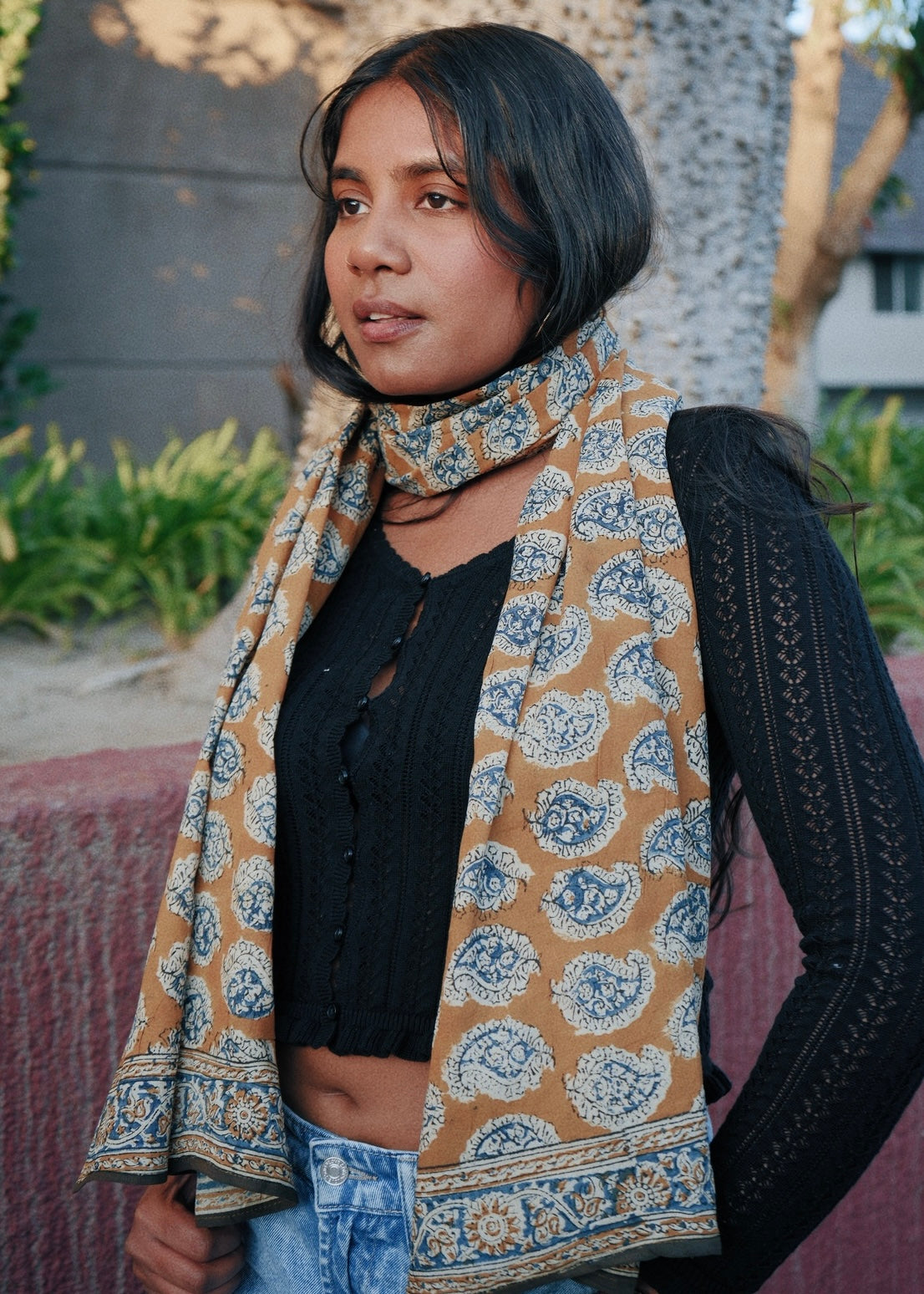 Golden Deepam - Hand Block Printed Scarf