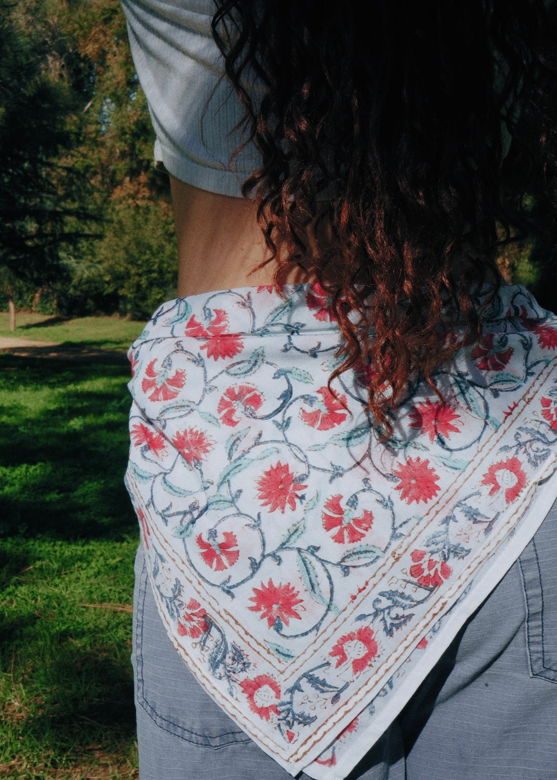 Camellias in the Snow - Kalamkari Cotton Bandana