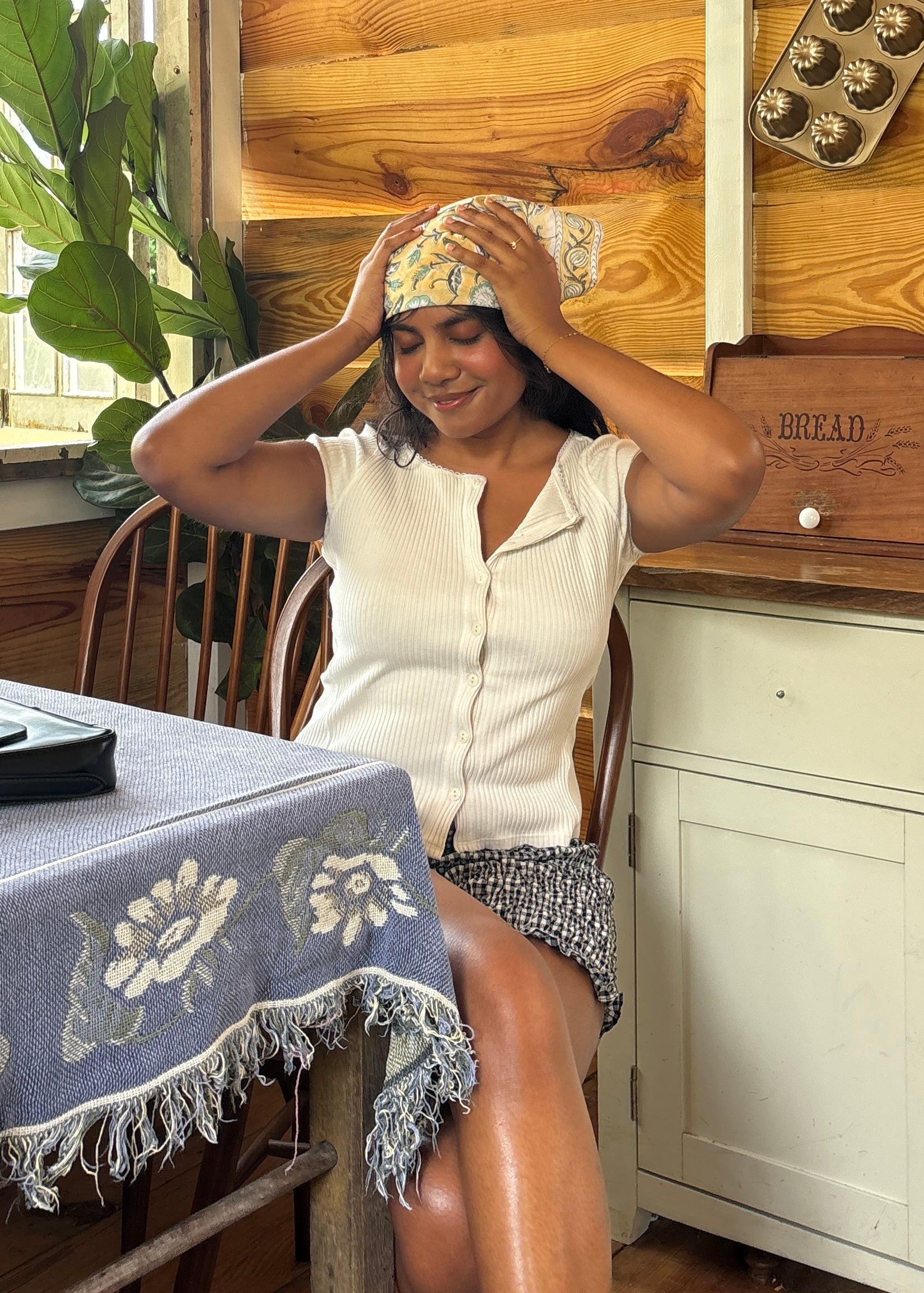 Lemon Sage Bloom - Hand Block Printed Cotton Bandana