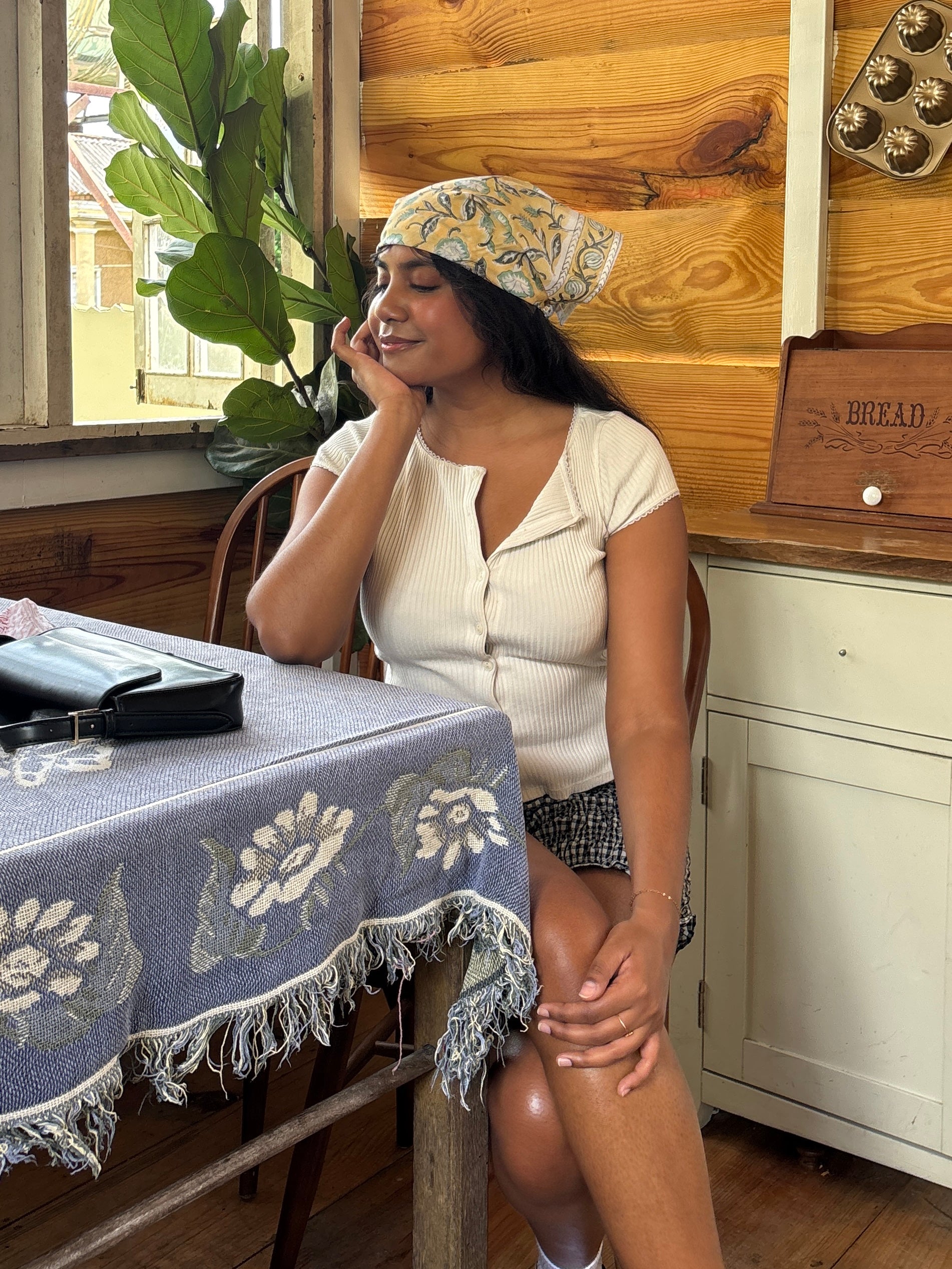 Lemon Sage Bloom - Hand Block Printed Cotton Bandana