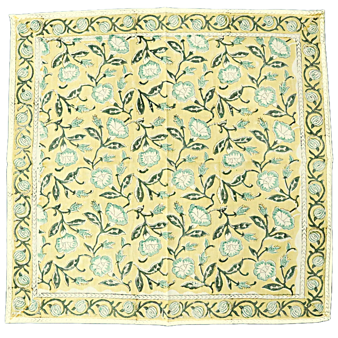 Lemon Sage Bloom - Hand Block Printed Cotton Bandana