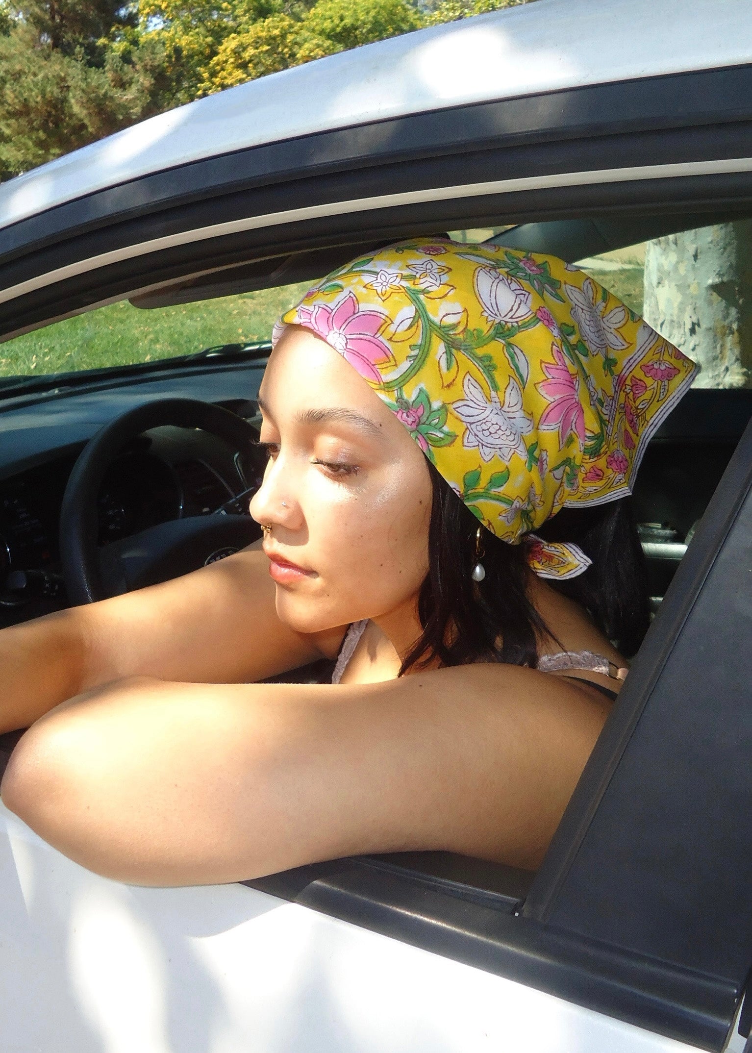 Sunlit Lotus - Hand Block Printed Cotton Bandana