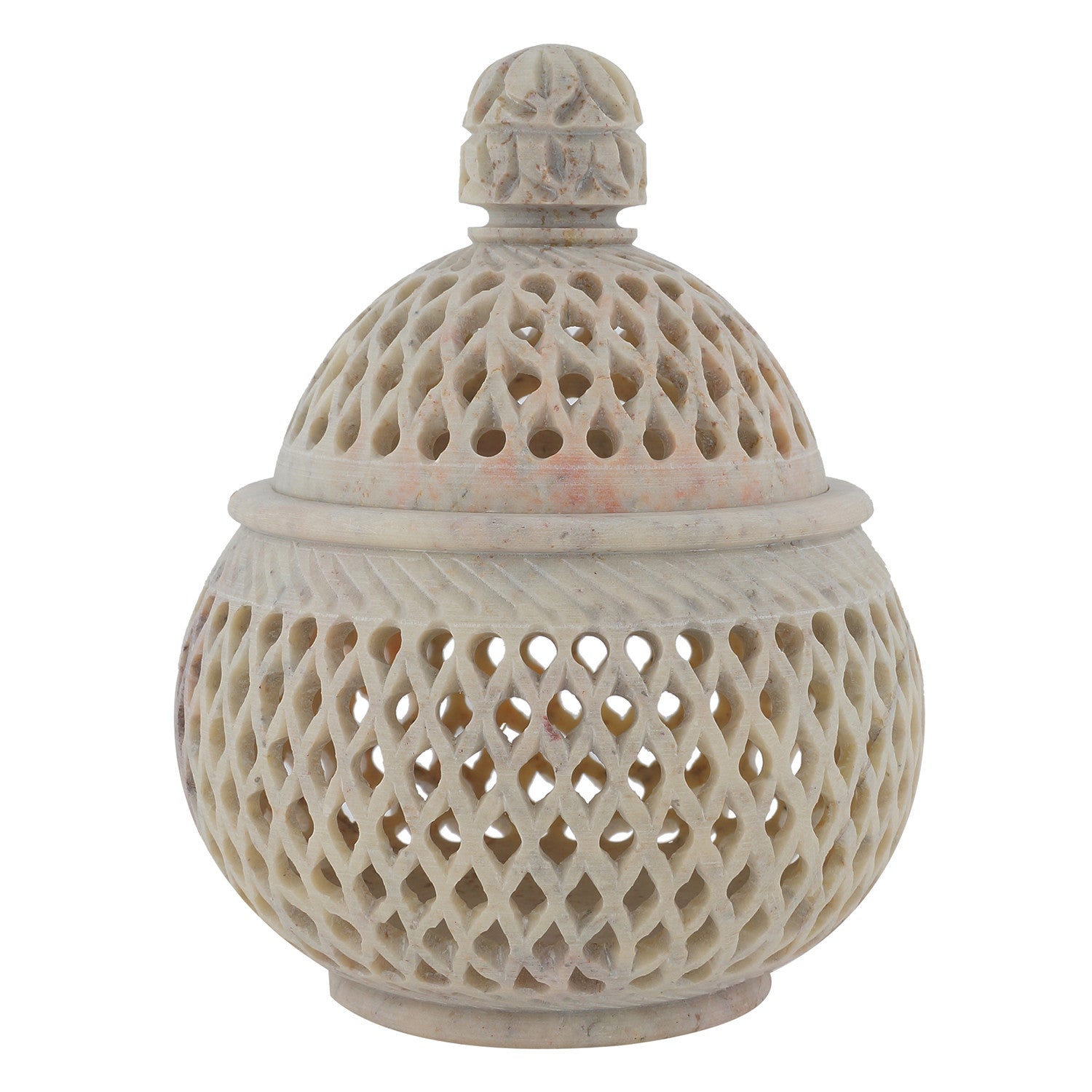 Candle Holder with lid - Stone carving - 4" diameter - Lattice Style (SA1001)
